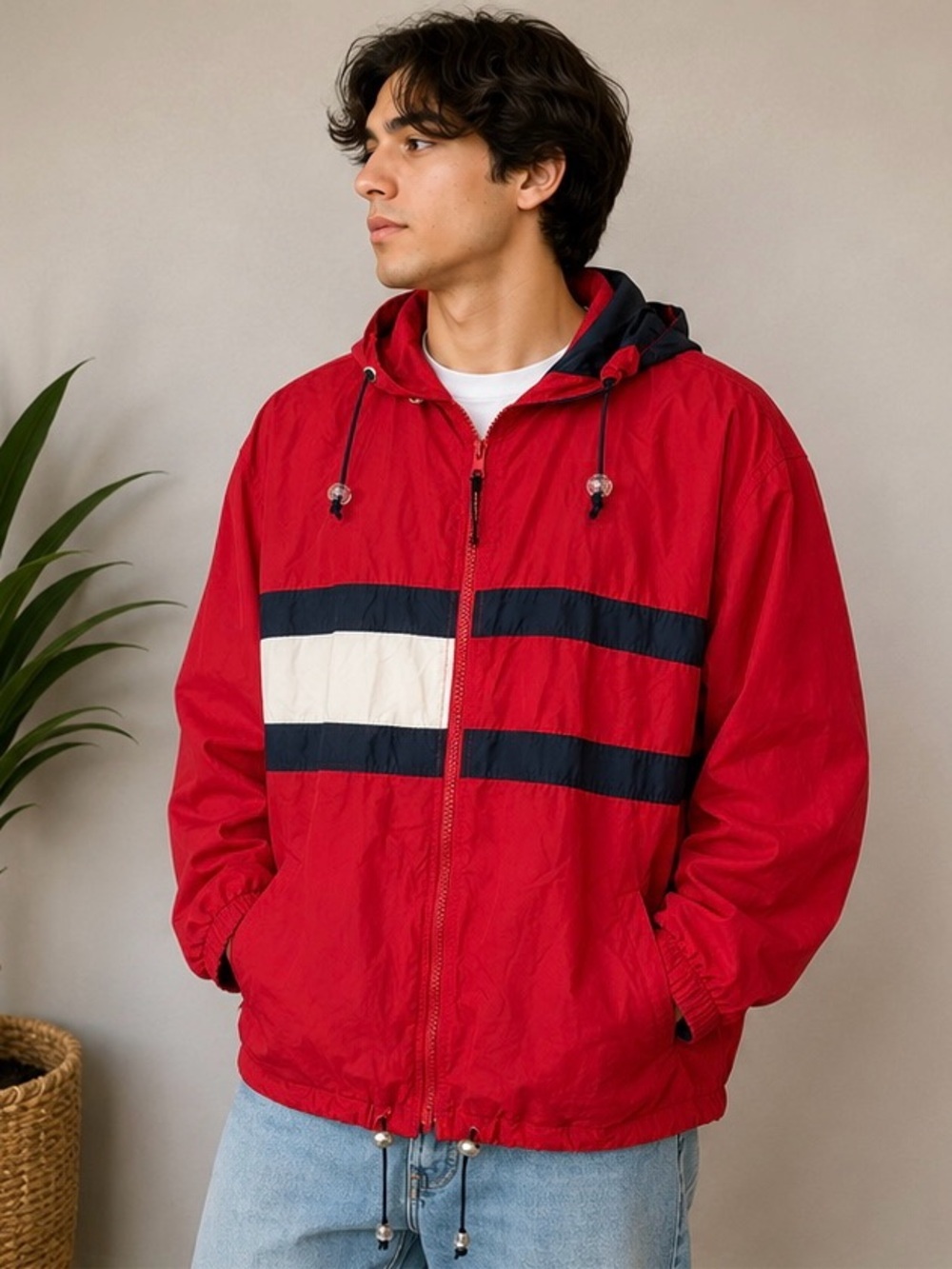Vintage 90s Tommy Hilfiger Jeans Windbreaker Jacket Mens XL Red Colourblock